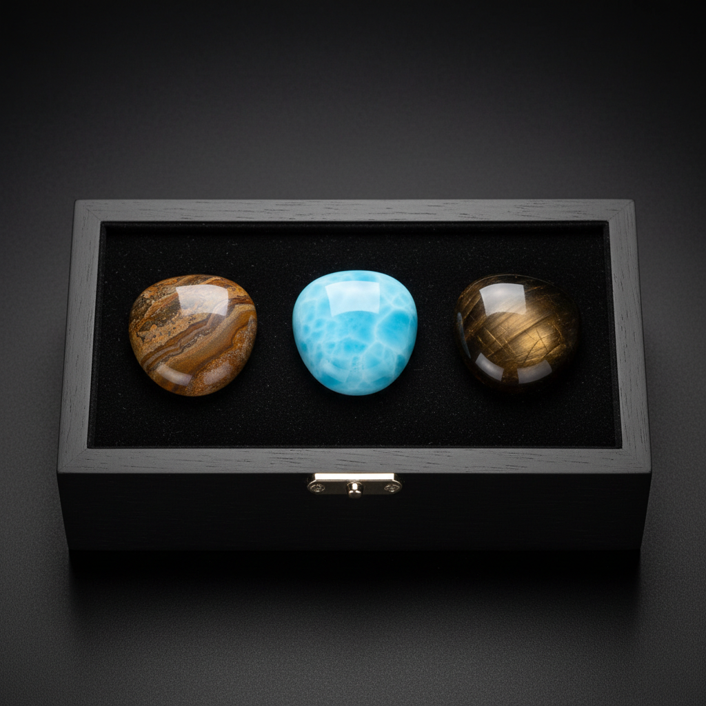 The Infinity Trio luxury gift set with Picture Jasper, Larimar, and Golden Obsidian in premium box