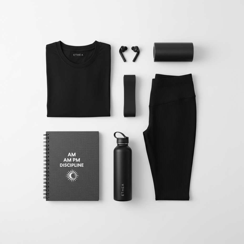 Sportswear flat lay with training gear, shoes, and accessories on clean surface