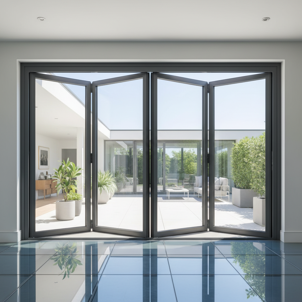 Bi-fold aluminum doors opening to garden, warm afternoon light, residential home interior with neutral tones