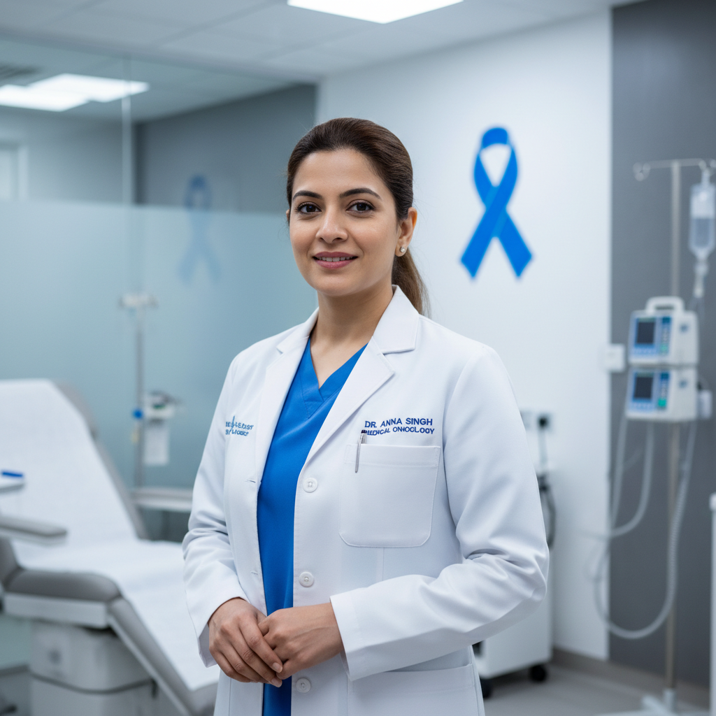 Female oncologist in professional attire, warm natural office lighting