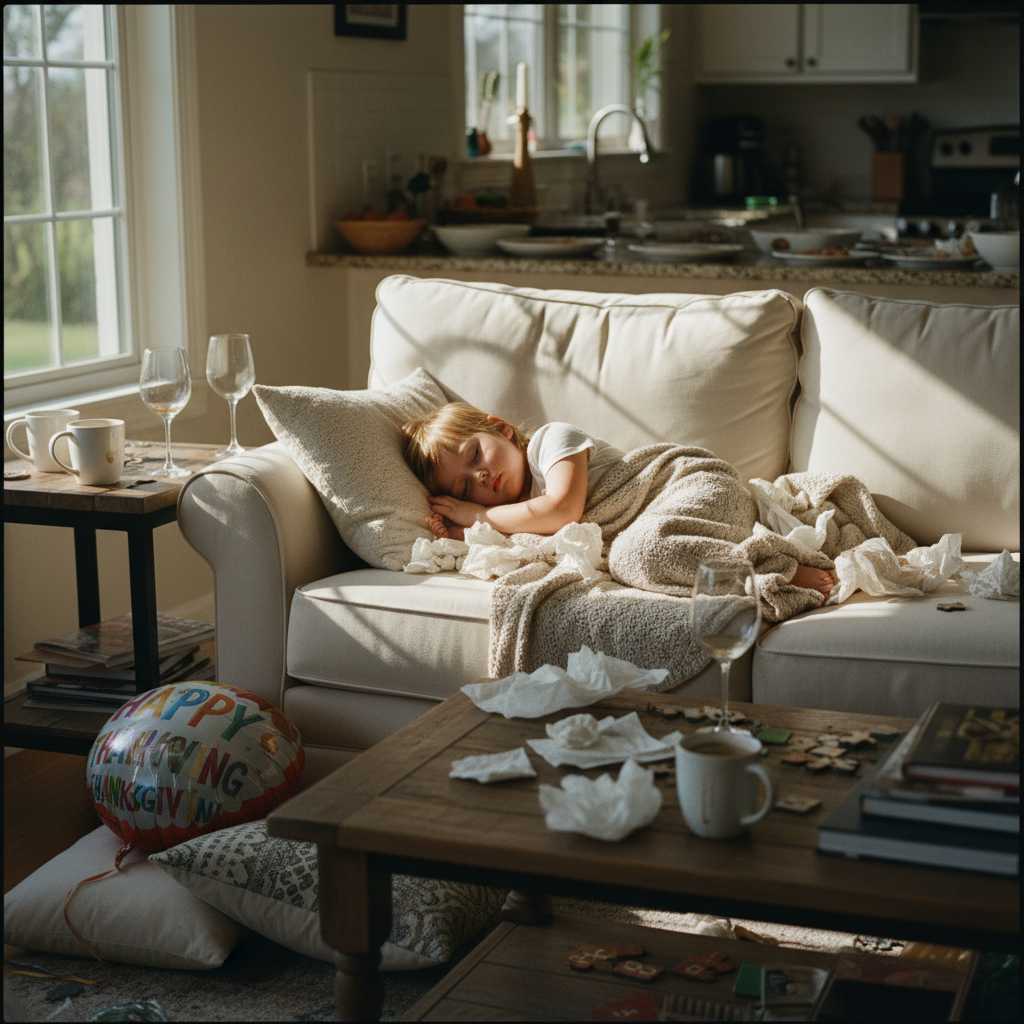Small child asleep on the couch, surrounded by discarded napkins and half-empty glasses, Thanksgiving aftermath