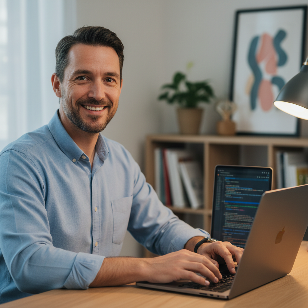 Marcus Webb smiling at camera with laptop open showing code