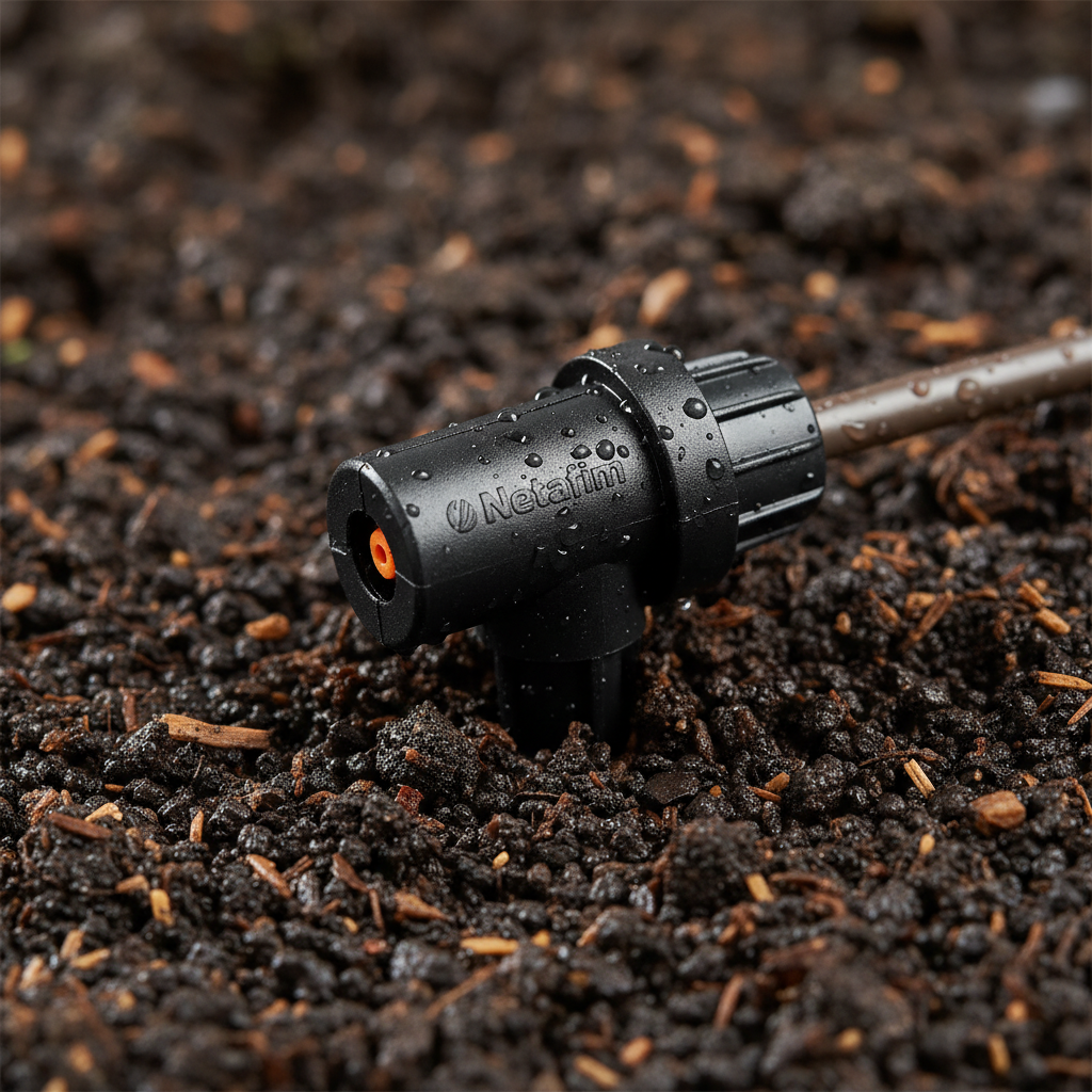 Close-up of Netafim pressure-compensating drip emitter installed in garden soil
