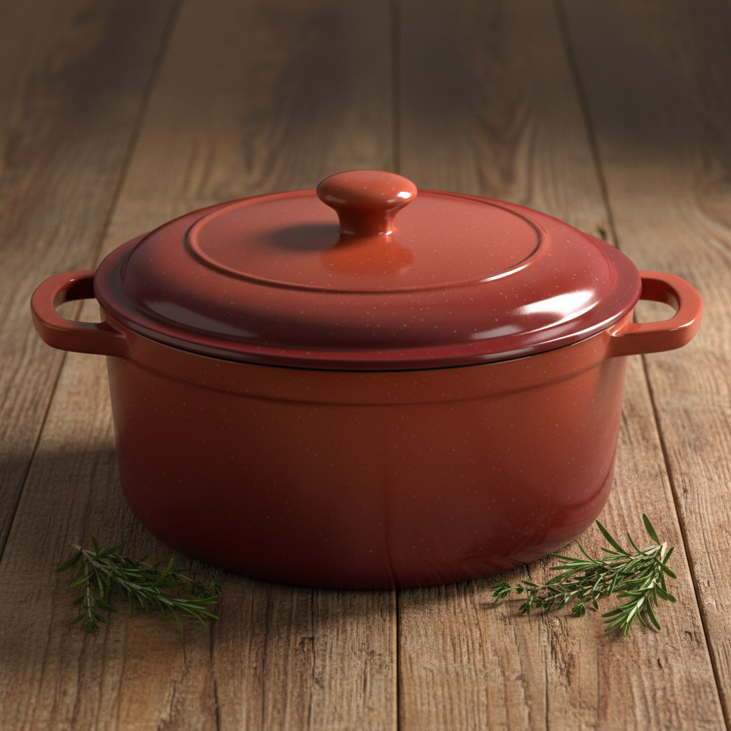 Red Le Creuset cast iron casserole dish on kitchen counter