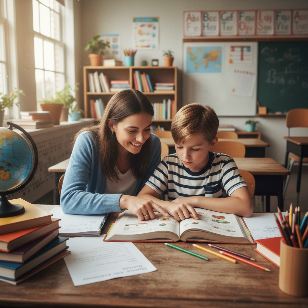 Teacher and student working together at a classroom desk with books