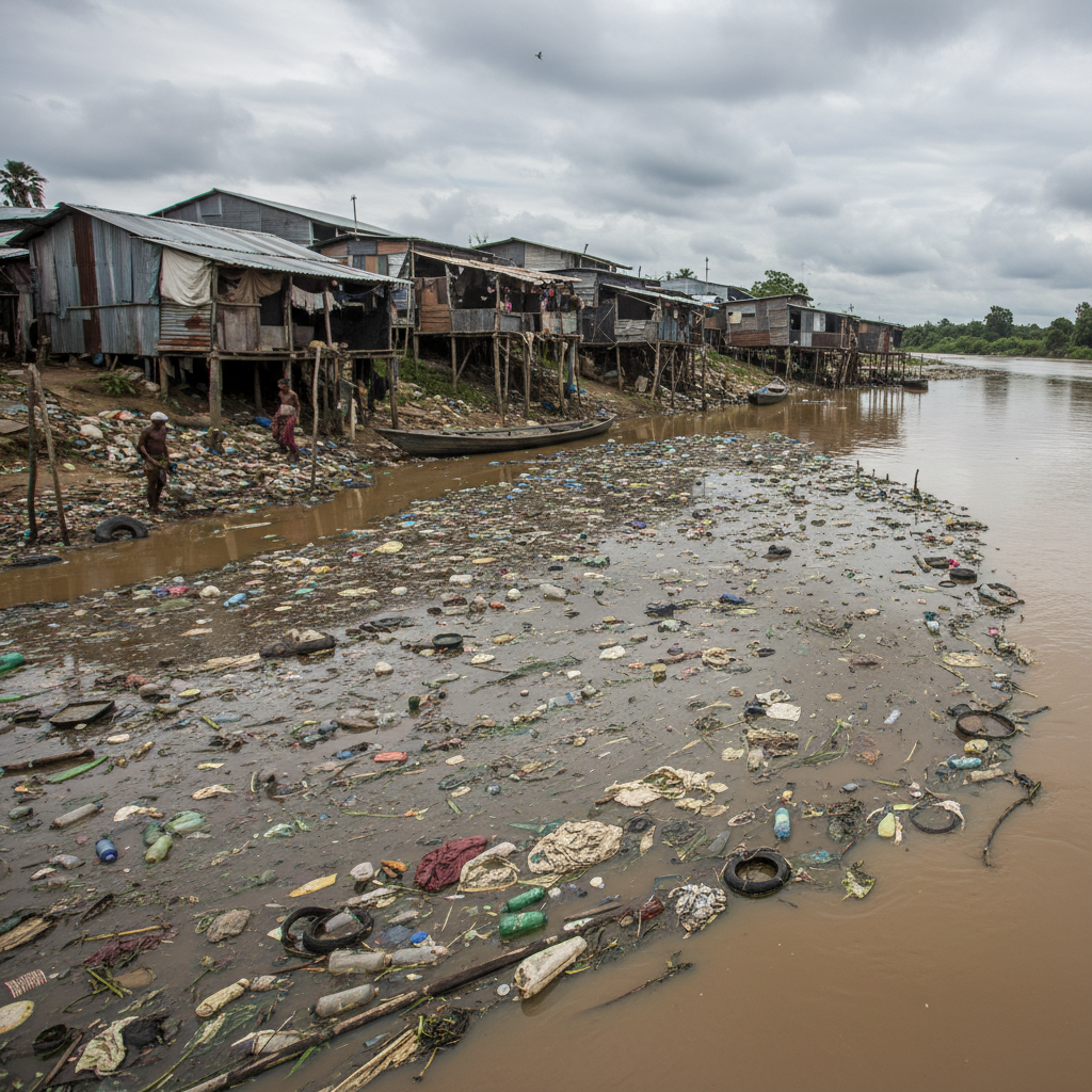 Contaminated river water with industrial runoff showing murky brown coloration