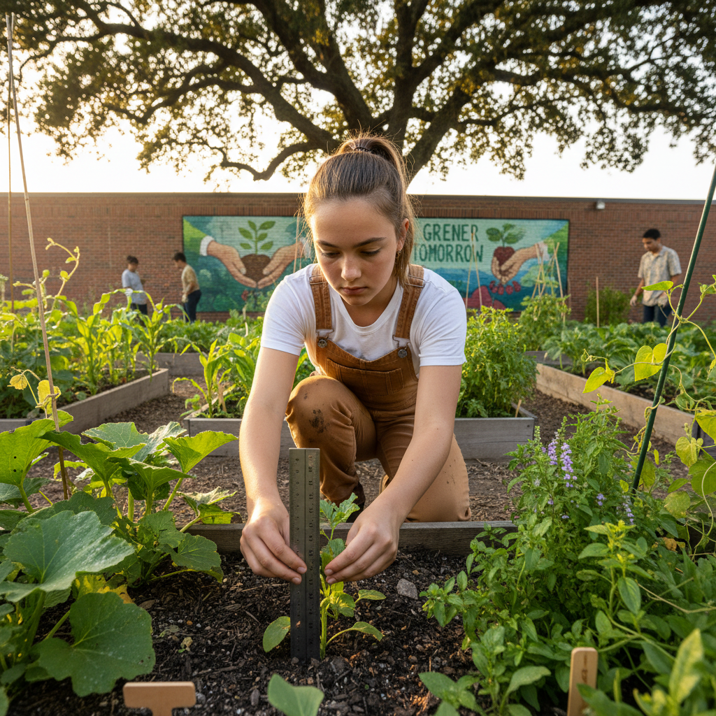 Youth climate ambassador measuring plant growth in a school garden program