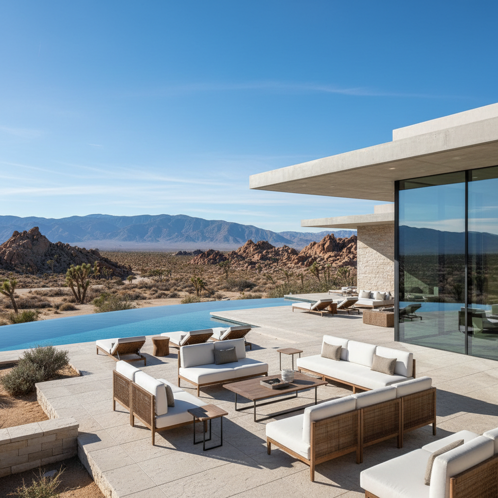 Stunning luxury home interior in Scottsdale with panoramic desert views, modern architecture and warm ambient lighting