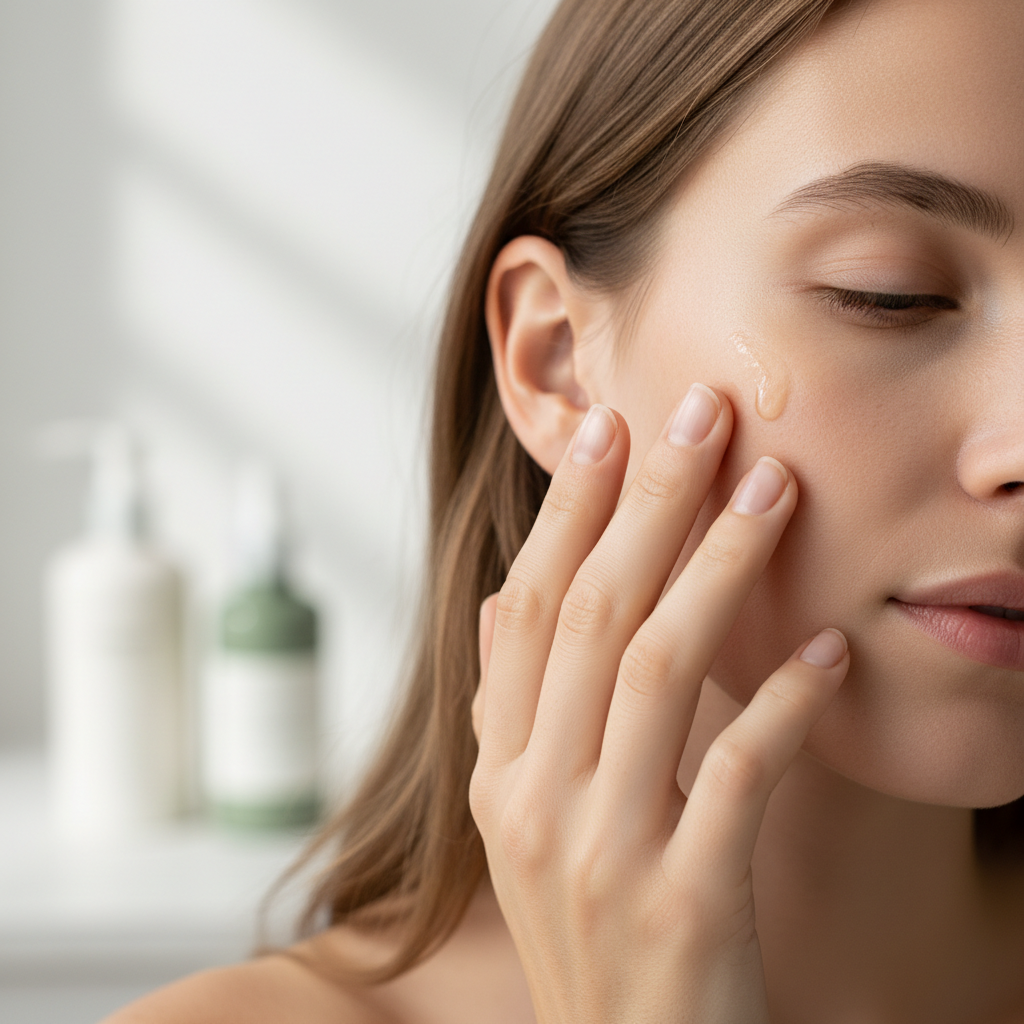 Woman applying serum to glowing dark skin with focus on skincare routine