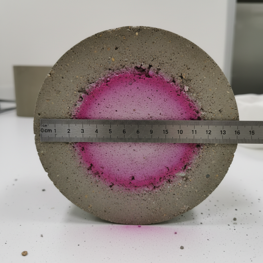 Concrete core sample cross-section showing carbonation depth measurement with phenolphthalein indicator spray