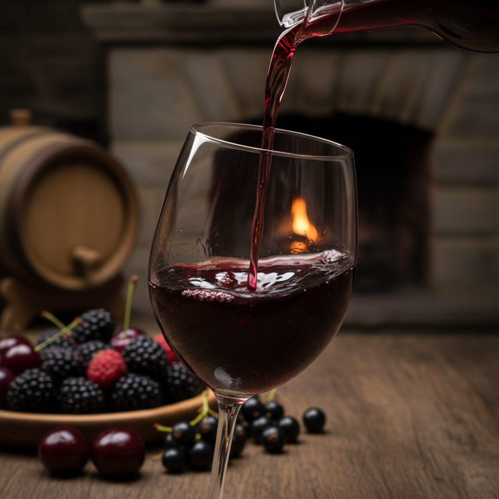 Red wine poured in a glass with dark ruby color and vineyard in background