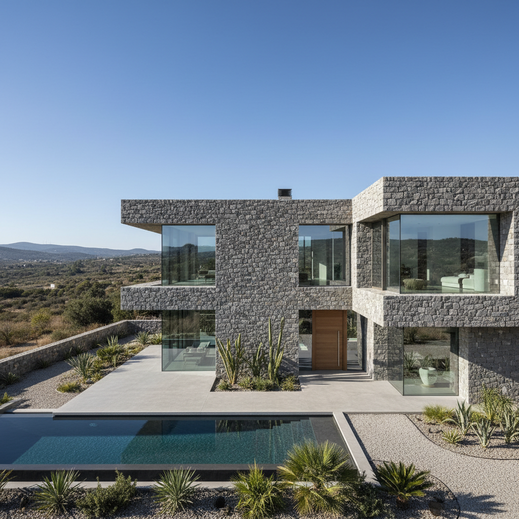 Luxury villa with pool, modern architecture, exterior view, bright daytime