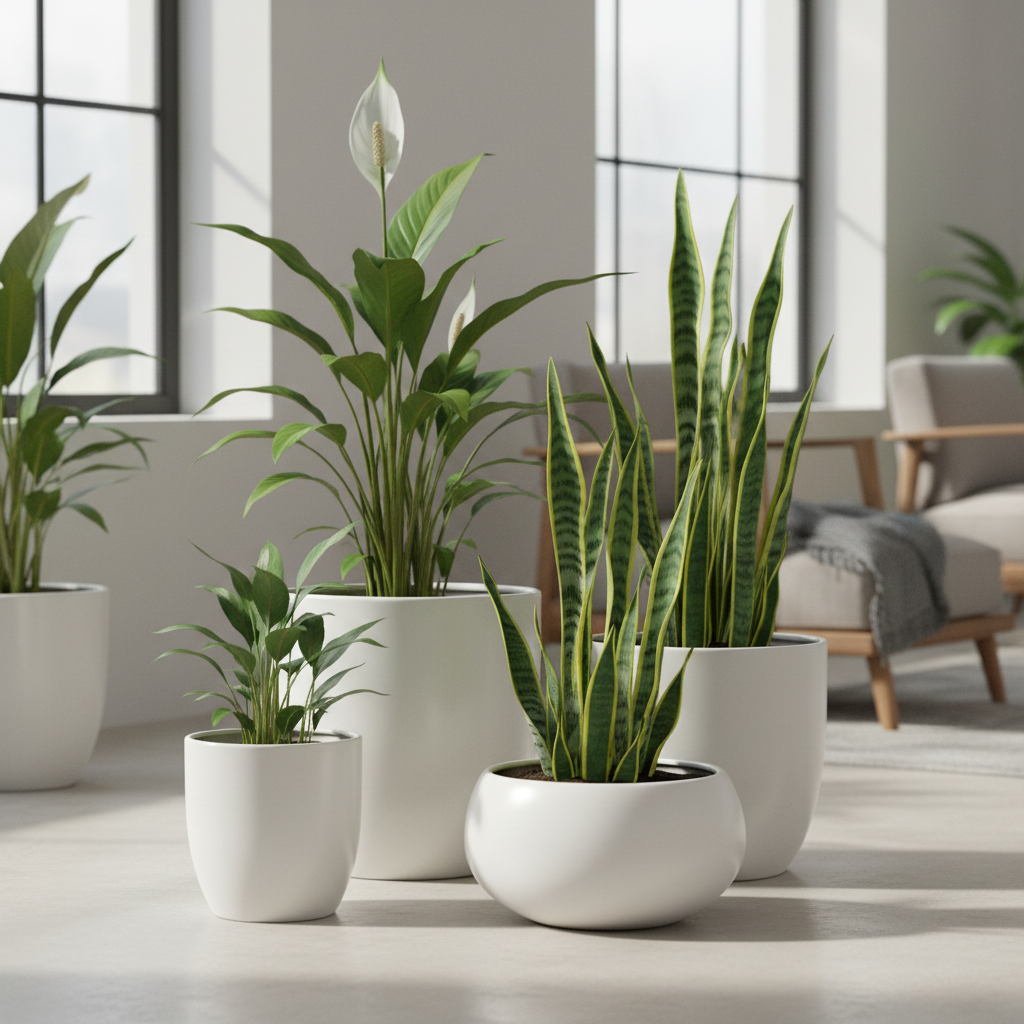Snake plant and peace lily arranged on white desk in home office setting