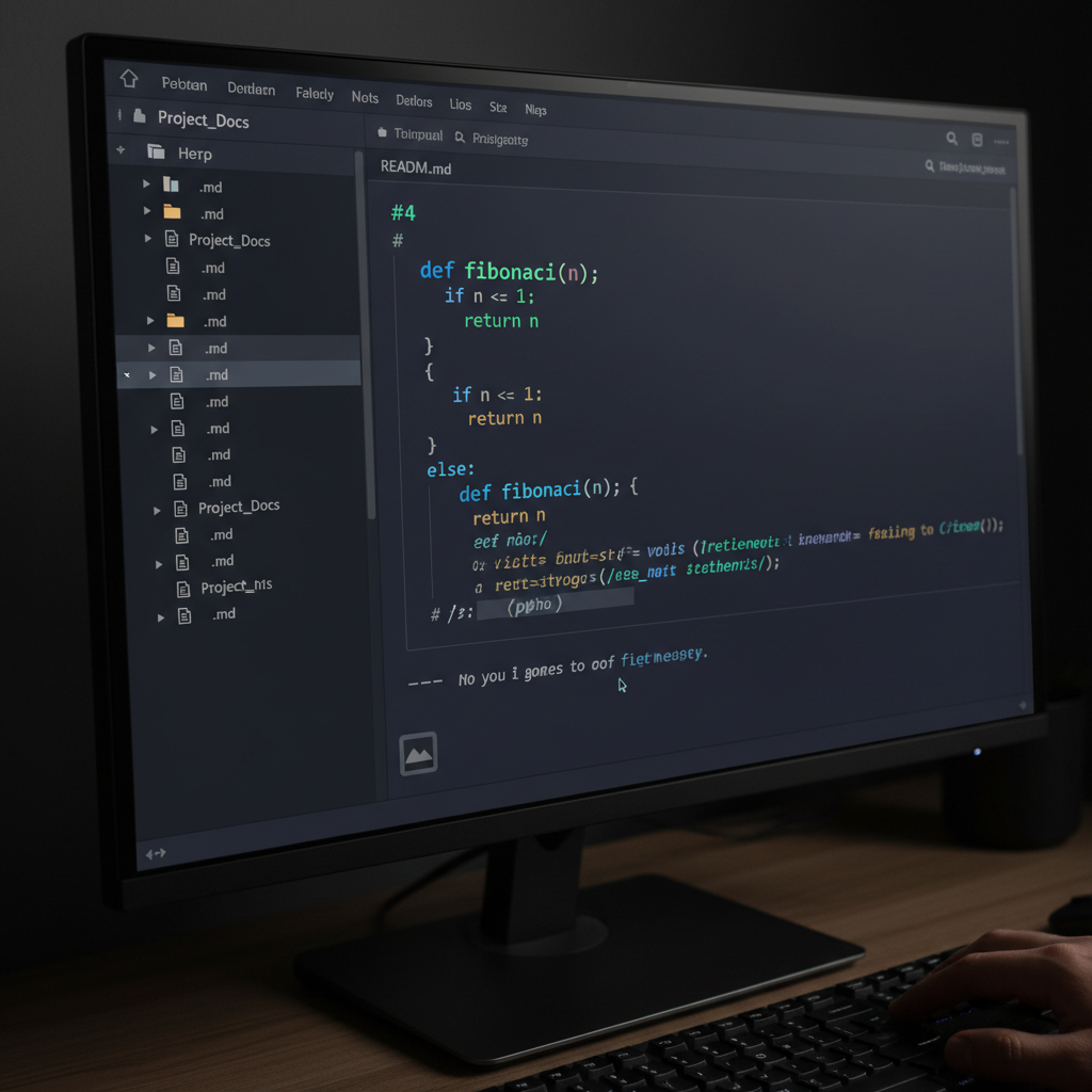 Dark code editor with purple syntax highlighting showing markdown documentation, deep shadow environment