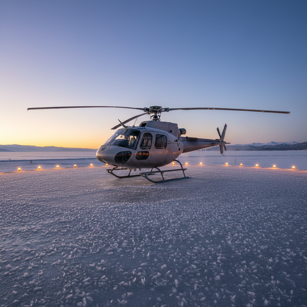 Helicopter on frost-covered helipad at dawn in Hong Kong, amber safety lights illuminating ice crystals on the landing surface