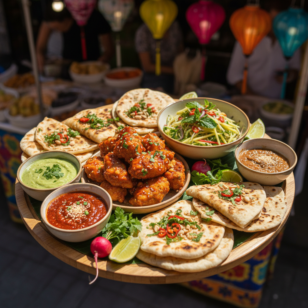 Colorful street food plate with sauces and garnish