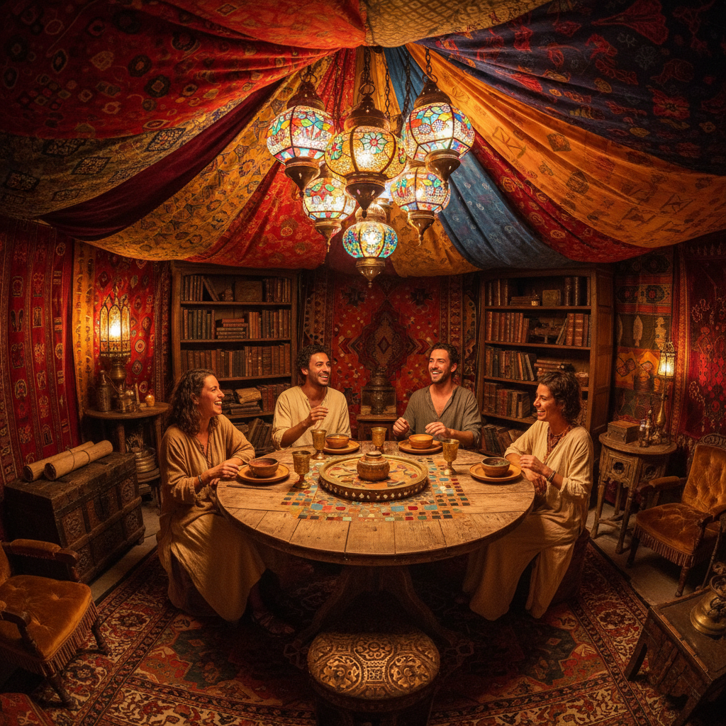 Wide shot of the full supper table, every seat taken, every face mid-laugh