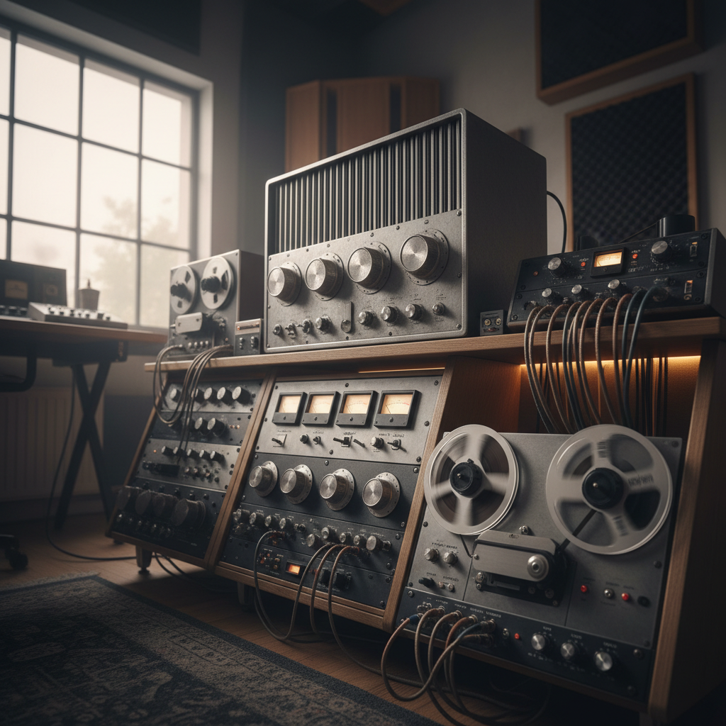 Professional recording studio with vintage equipment and analog synthesizers