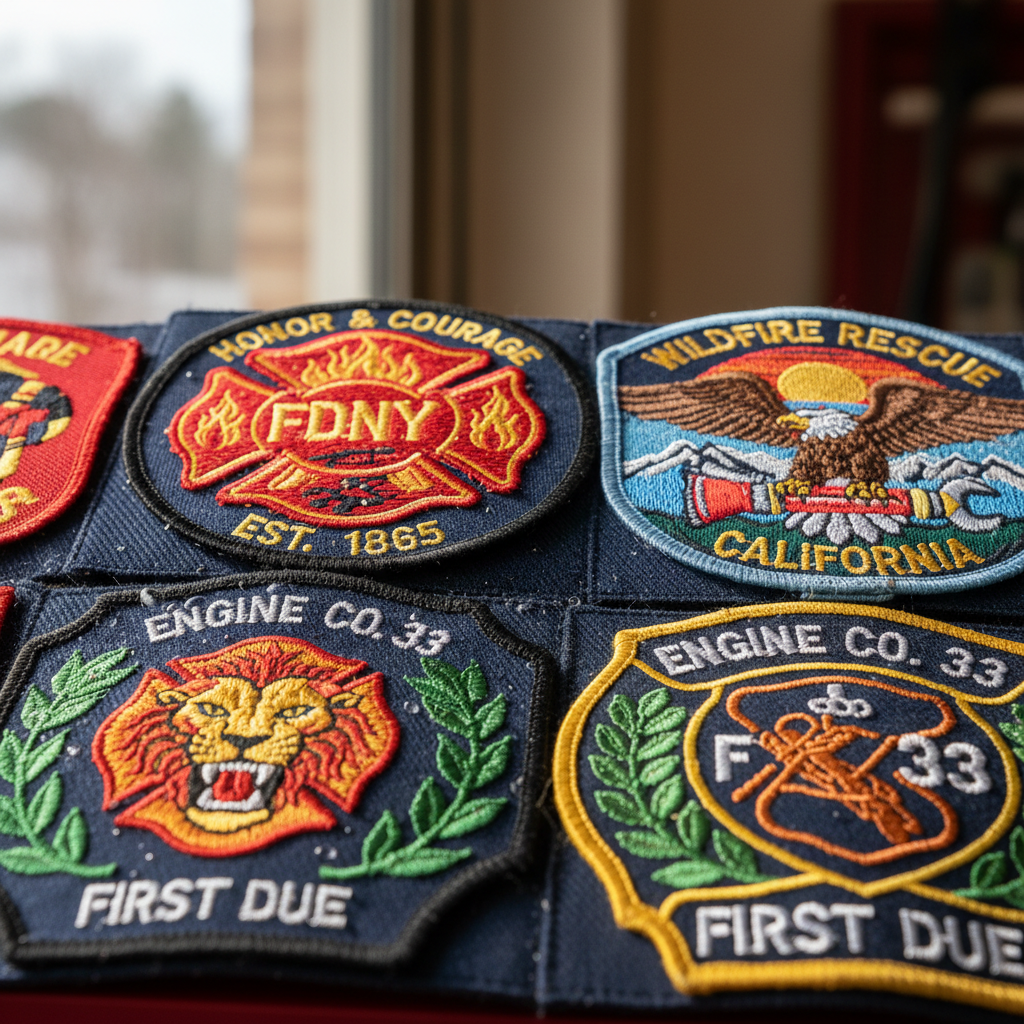Close-up of firefighter shoulder patches, rank insignia, and embroidered department badge detail