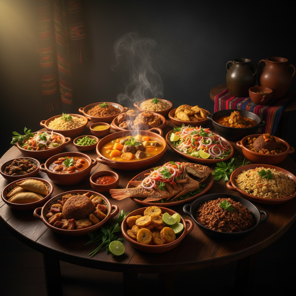 Colorful spread of traditional Dominican Creole food dishes on a wooden table