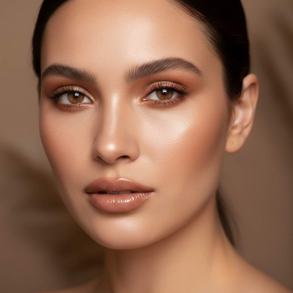 Close-up portrait of woman with flawless luminous skin and precisely blended bronze contour