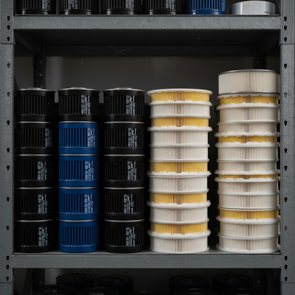 Air and oil filters stacked neatly in dark storage with industrial lighting