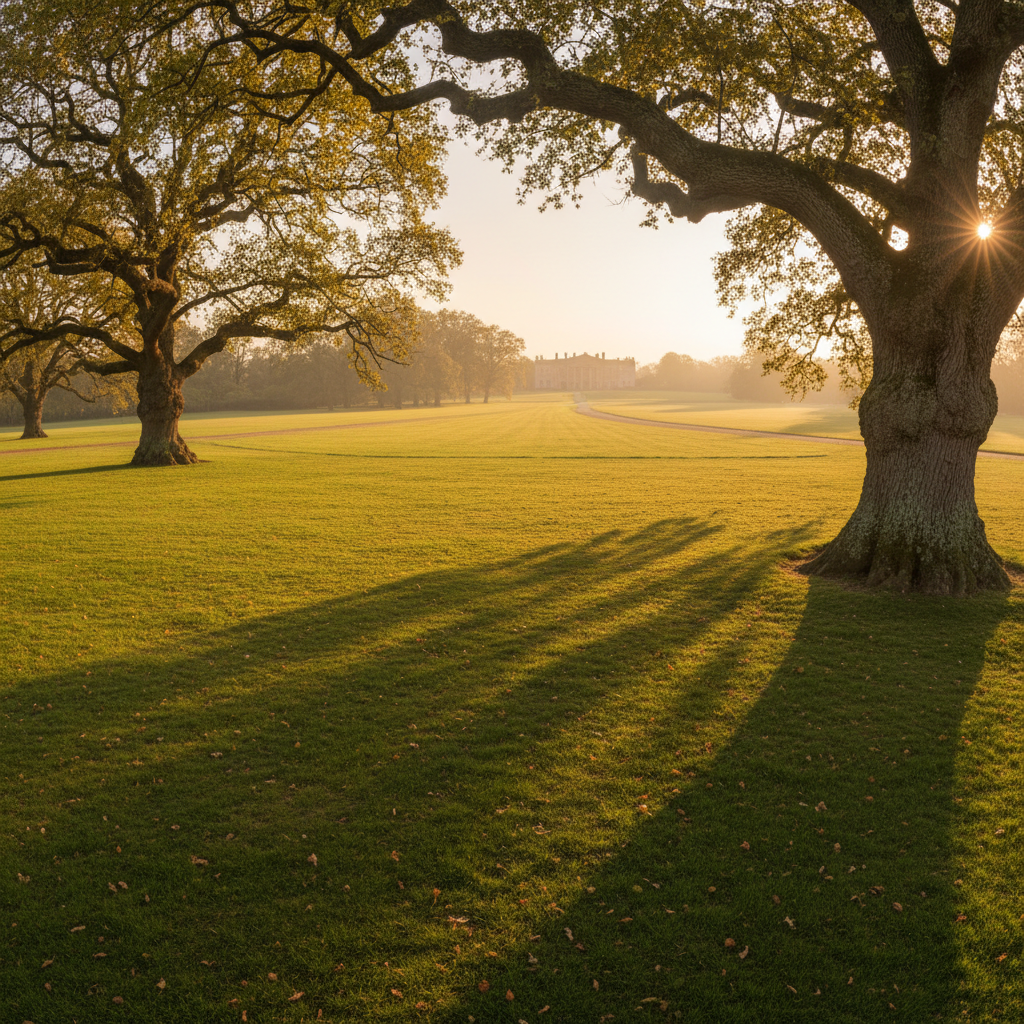 Grand English country estate at golden hour, warm amber sunlight, lush green lawns, stone facade, deep shadow foreground