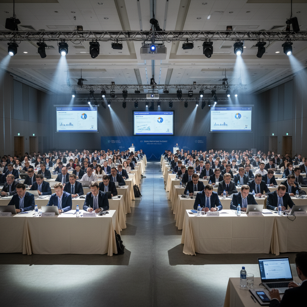 Packed conference hall with delegates in formal attire, dramatic overhead lighting, dark auditorium atmosphere, deep shadows and professional setting
