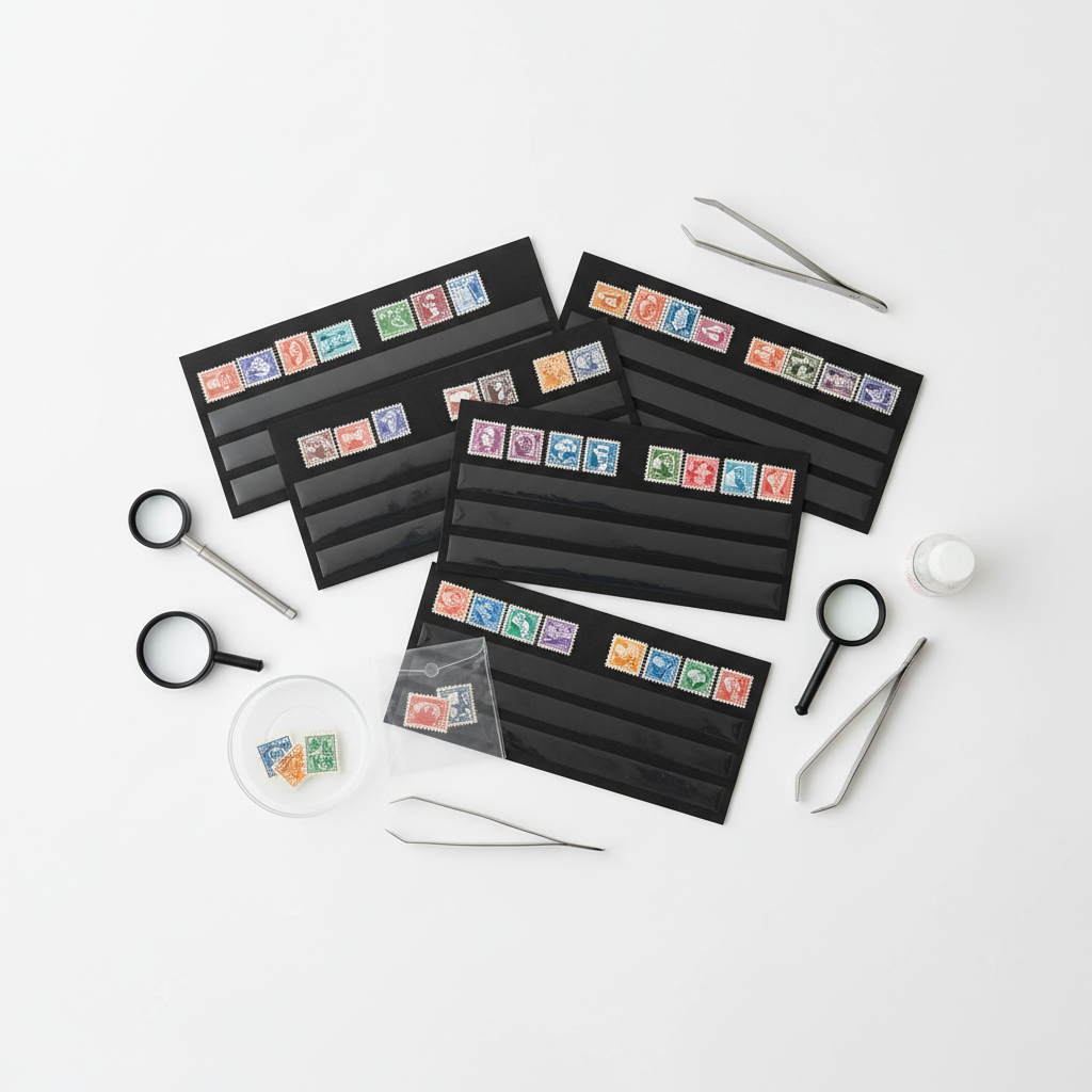 Flat lay of philately supplies including tongs, stockbooks, and magnifying loupes on a white surface