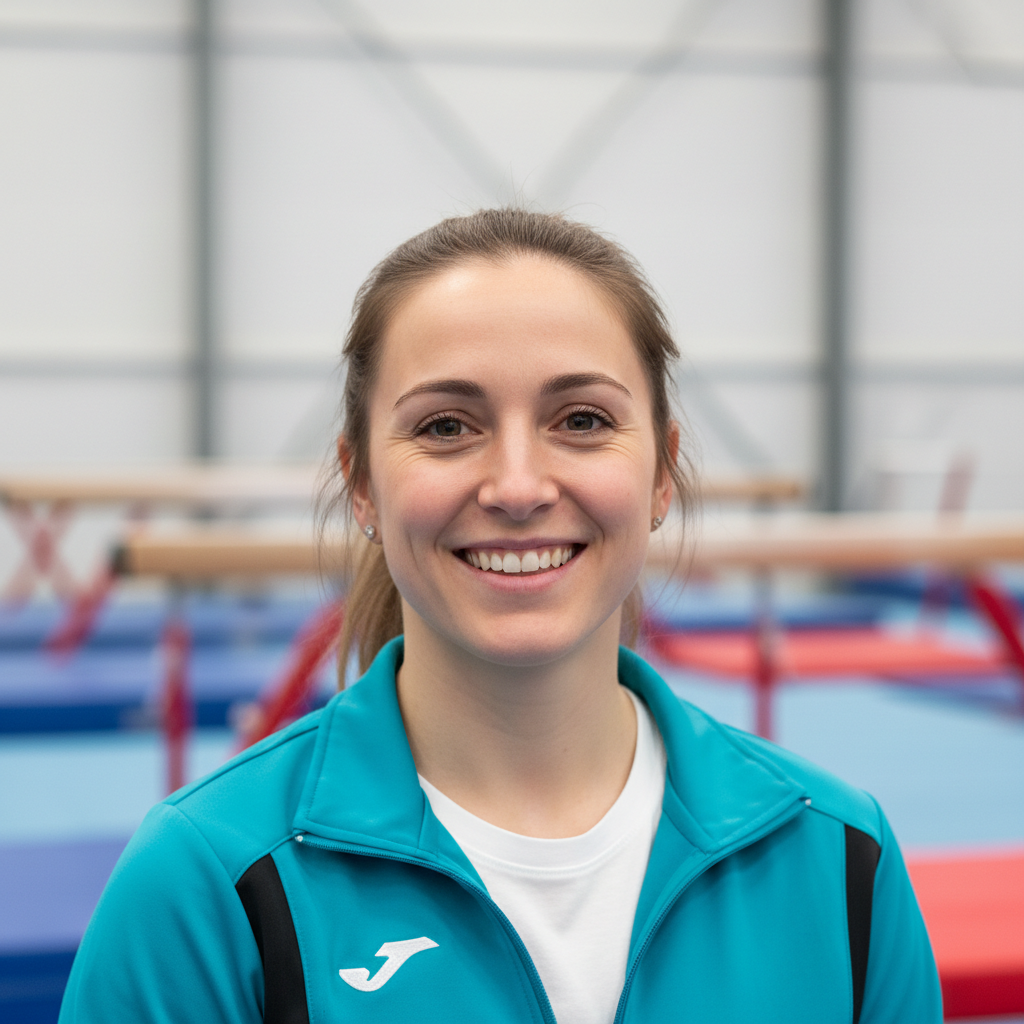 Smiling female gymnastics coach in bright gym attire, warm expression