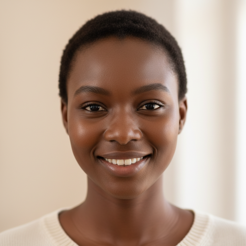 Portrait of a young African woman professional, neutral studio background, confident expression