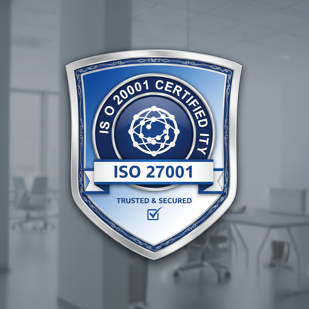 ISO 27001 certification badge with blue shield and checkmark symbol on white background