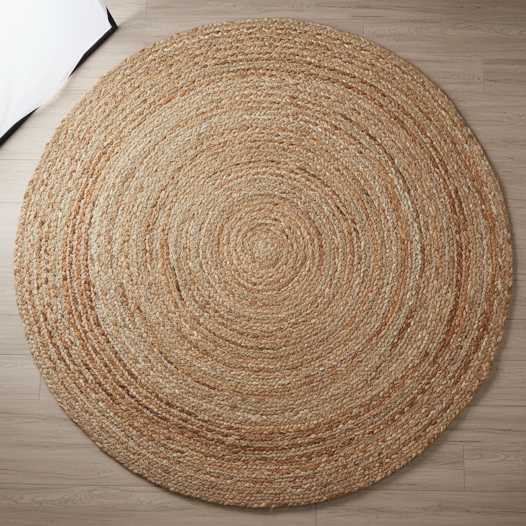 Natural jute area rug under wooden coffee table