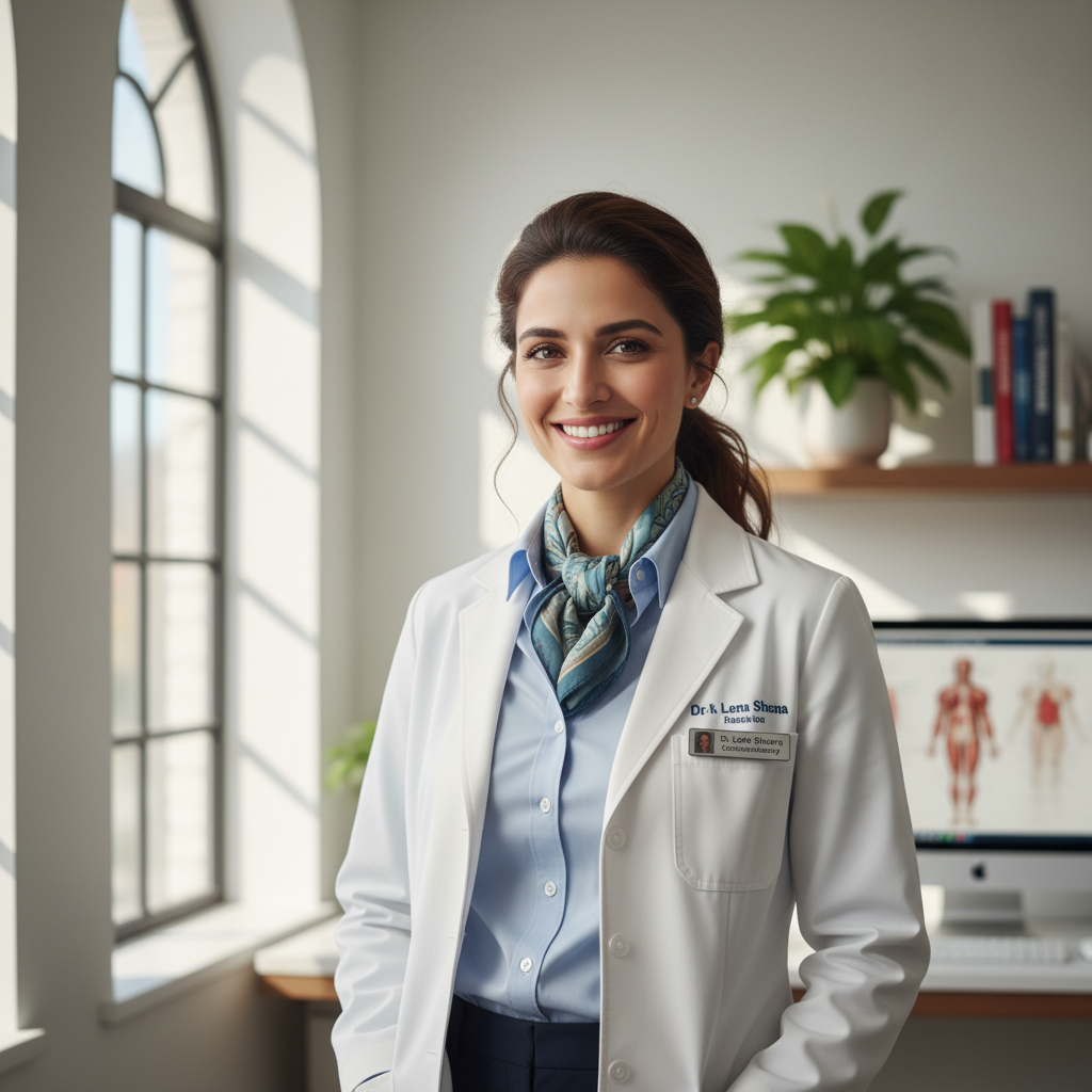 Dr. Priya Nambiar, endocrinologist, smiling in professional attire in natural office light
