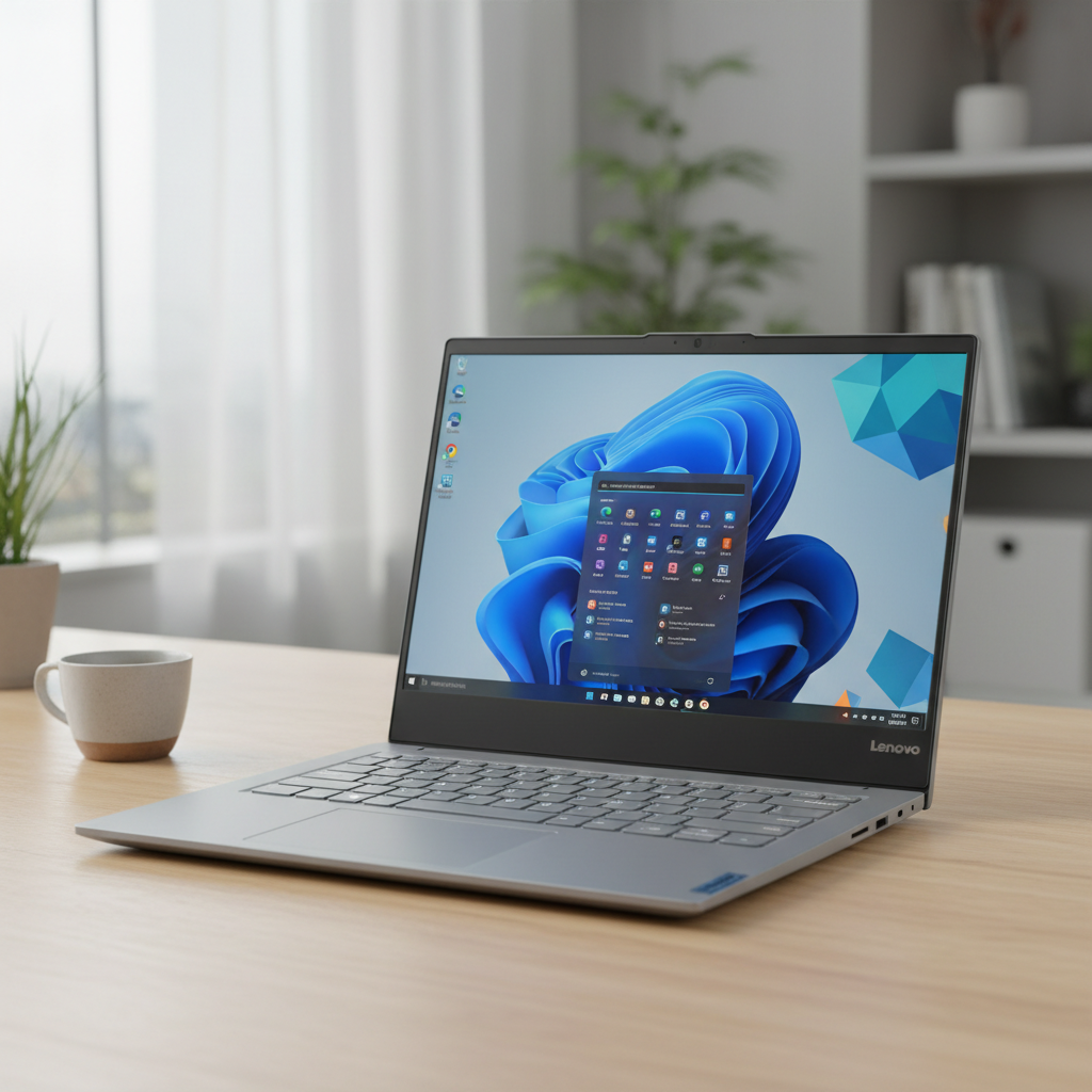 Lenovo IdeaPad 5 laptop in gray, consumer laptop open on wooden desk