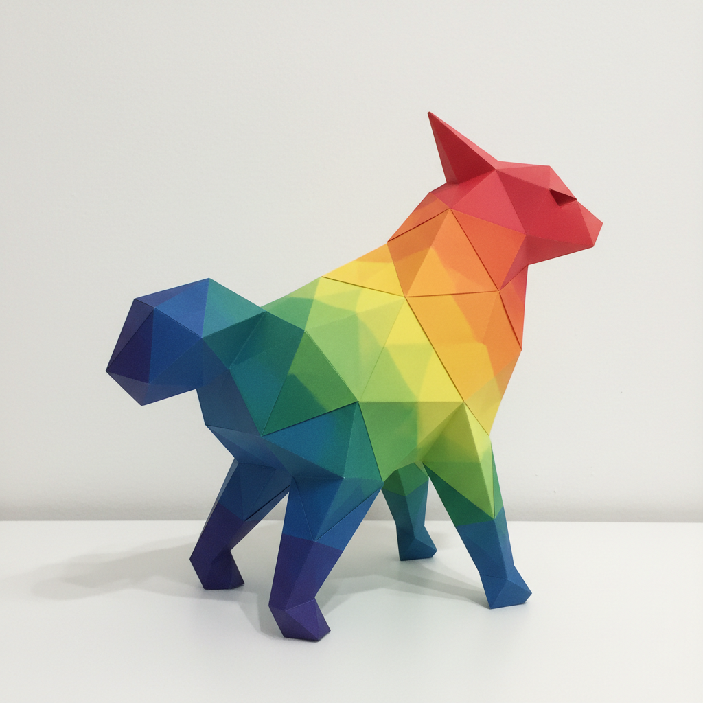 Geometric origami sculpture in gradient paper photographed against white wall