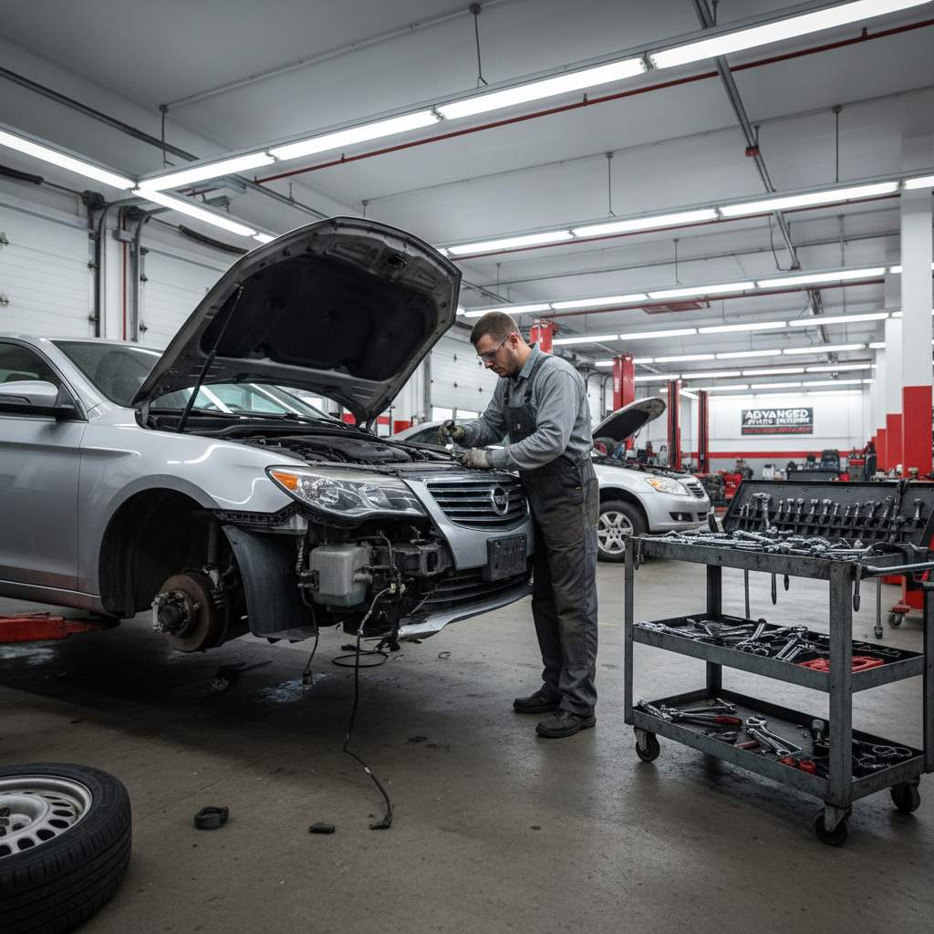 Auto body shop mechanic working on a car in a service bay