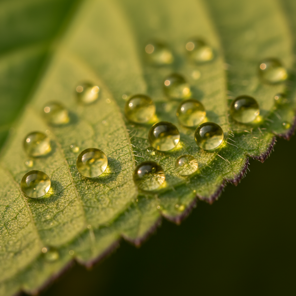 Close-up of oil beading on a shiso leaf with warm directional light