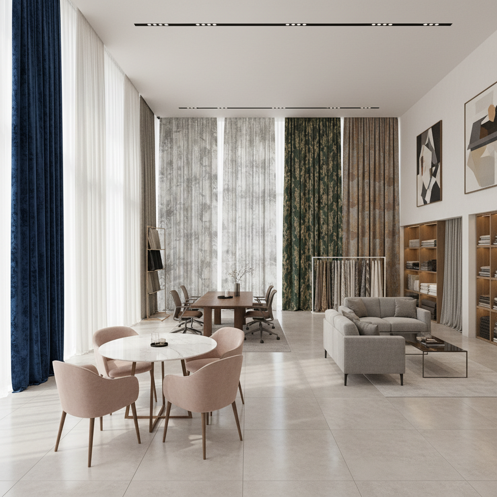 ARZERA experience center elegant interior showcasing luxury curtain installations and consultation spaces