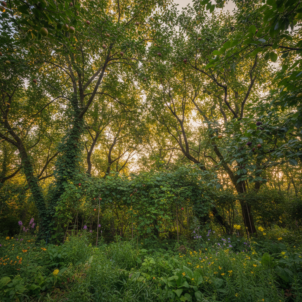 Dense mature food forest canopy photographed from below looking up through layered tree and shrub canopy