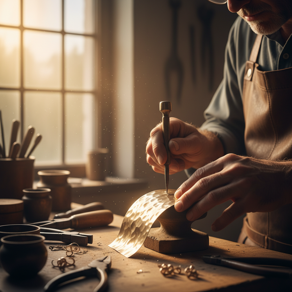 Goldsmith artisan at work in dimly lit workshop, warm golden light, atmospheric jewellery making