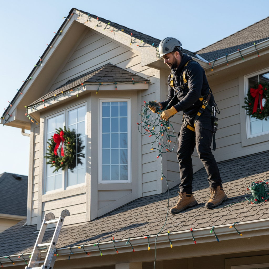 Professional installer in safety gear carefully hanging Christmas lights on residential home roofline
