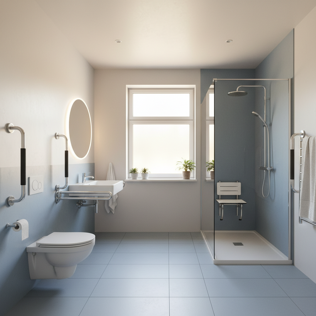 Baño accesible con barras de apoyo, ducha a ras de suelo y espacio amplio para movilidad
