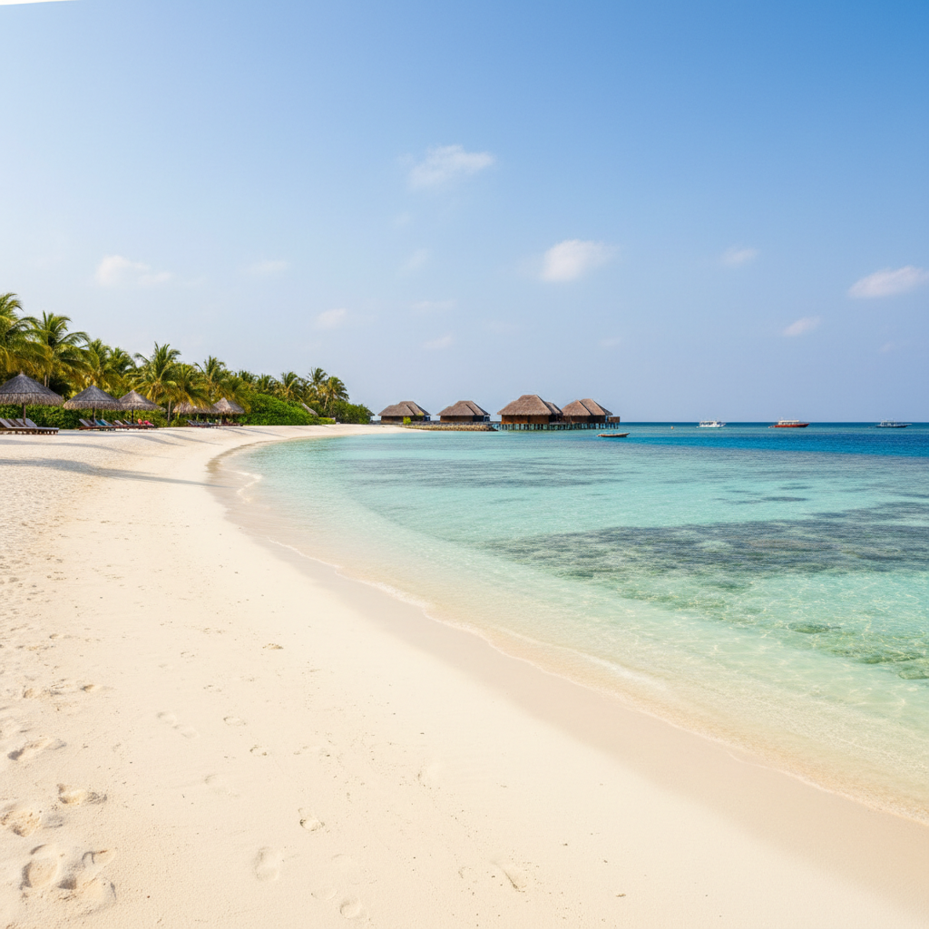 Crystal clear turquoise lagoon with white sand overwater villa resort under brilliant blue sky