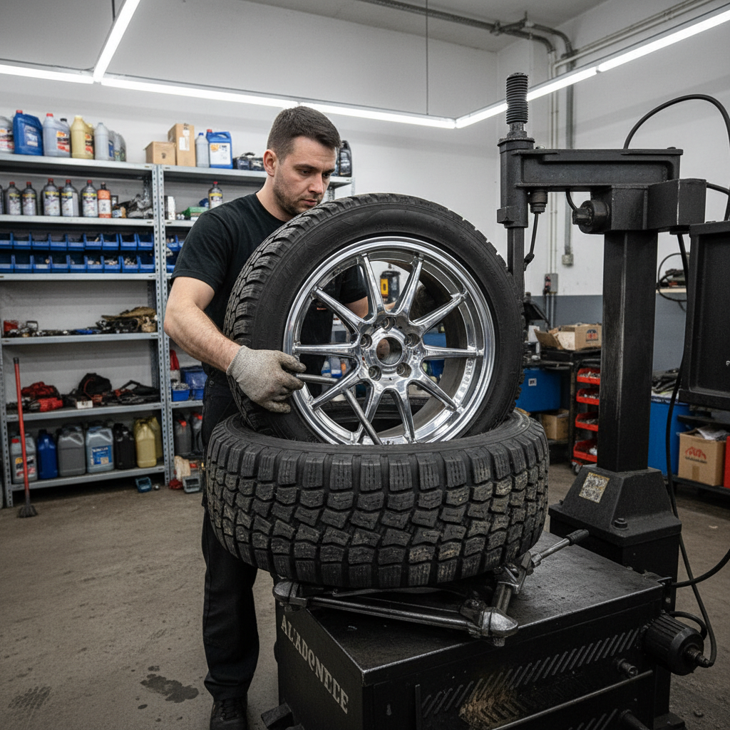 Close-up of a vehicle tire being mounted on a rim in a tire shop
