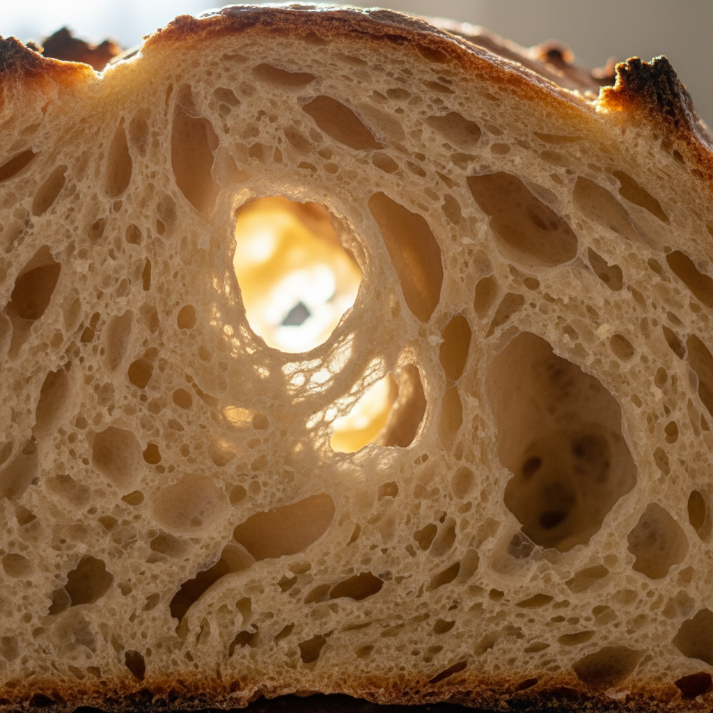 Close-up of open sourdough crumb cross-section showing large irregular alveoli with light passing through the gluten strands