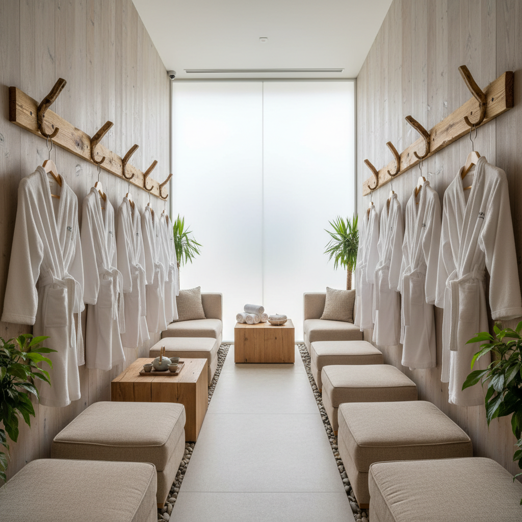 Relaxation lounge with white robes hanging on wooden hooks by frosted window