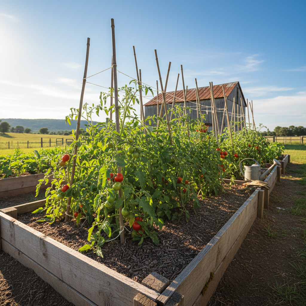 Raised vegetable bed with tomato plants staked and thriving in a suburban backyard