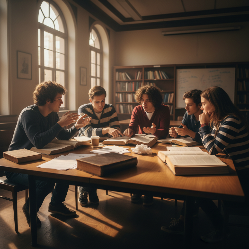Students engaged in animated discussion around a seminar table, hands gesturing over open books in warm afternoon light