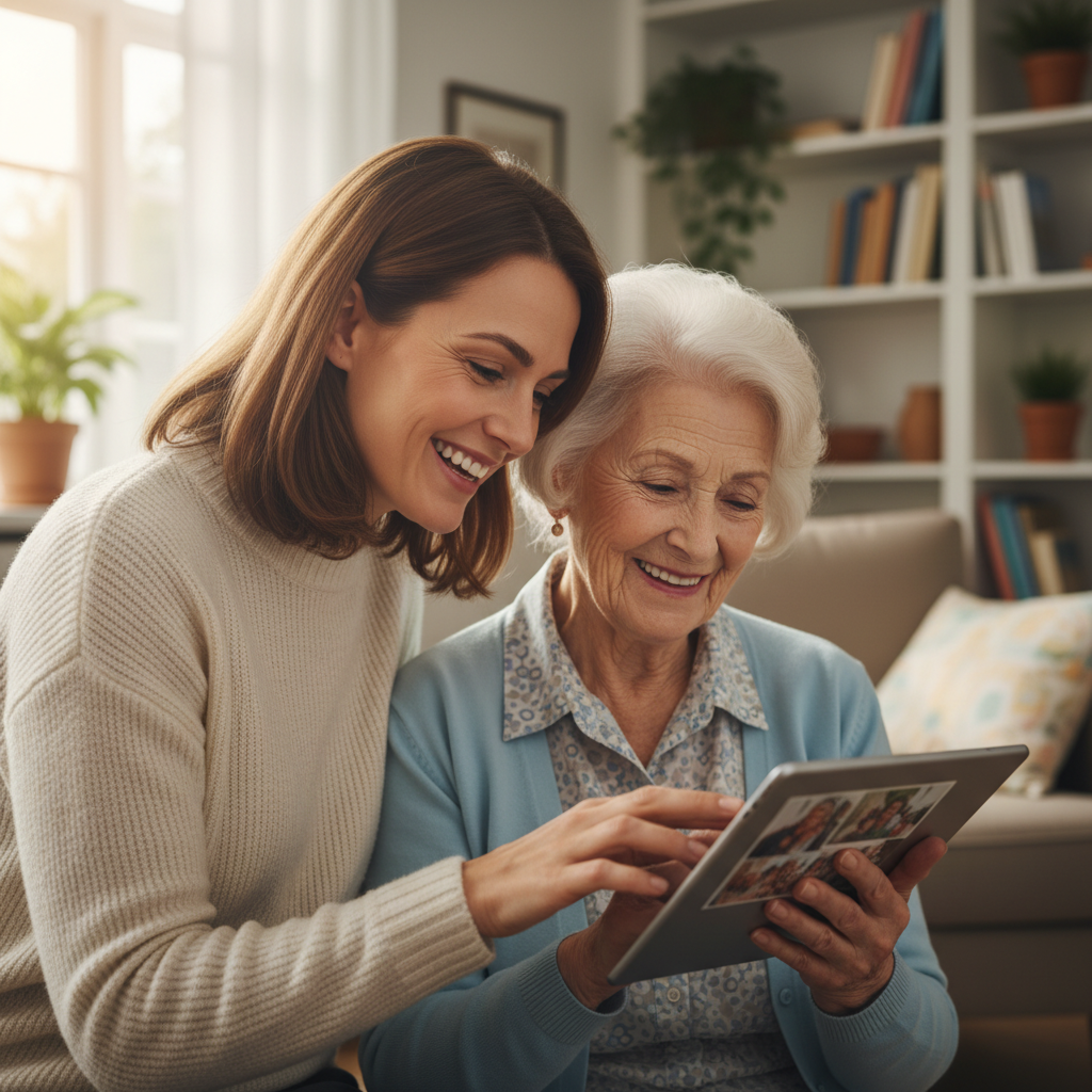 Adult daughter helping her elderly mother learn to use a tablet, both smiling warmly at the screen